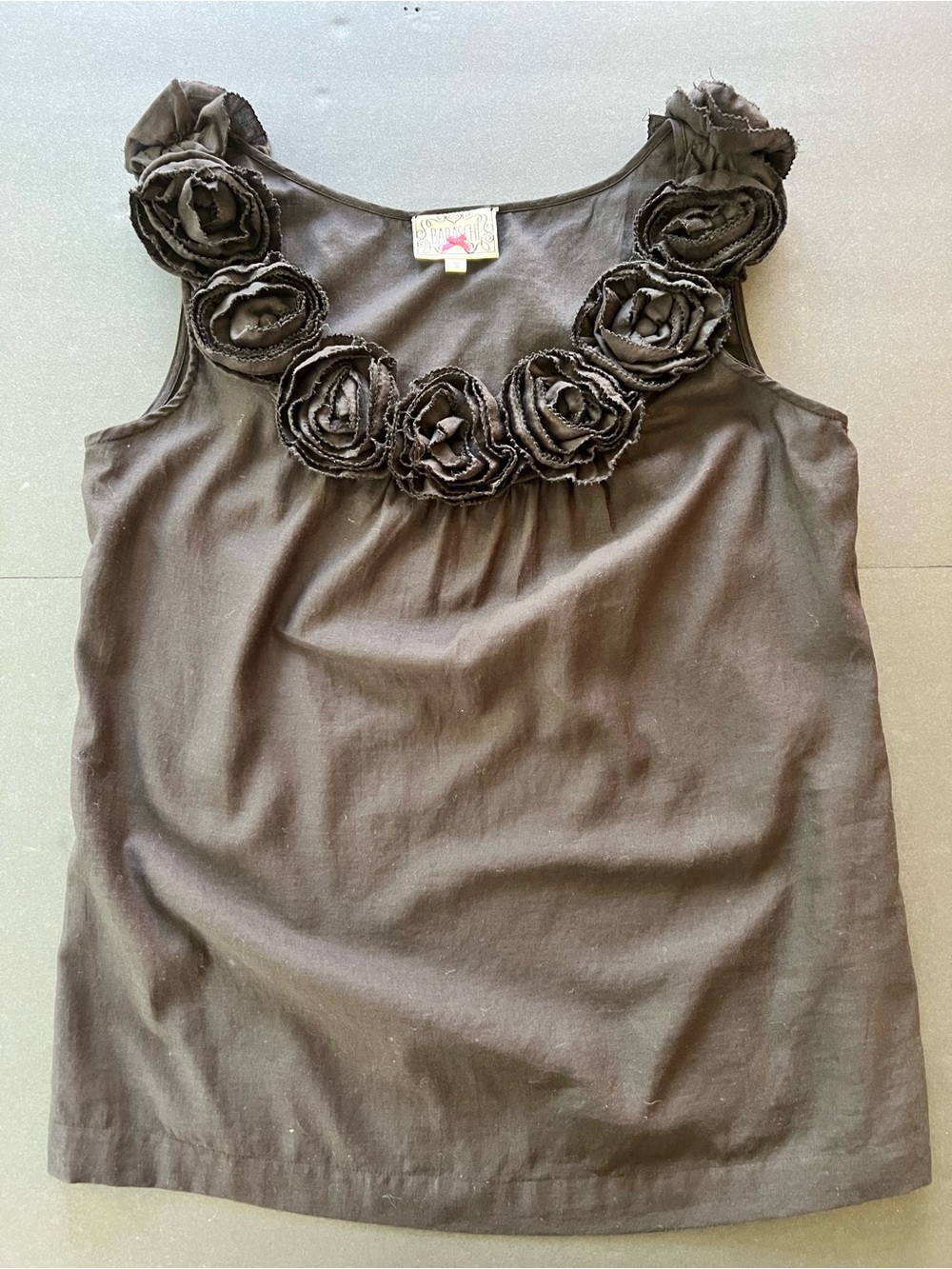 Yoana Baraschi Black Linen Tank with Rosette Neckline